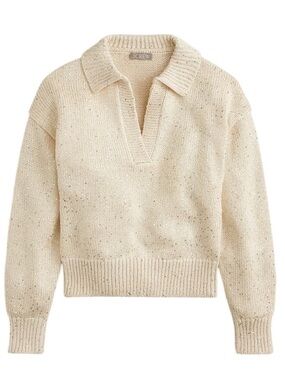 J. Crew Sequin Sweater Polo Size Large Cream V-Neck Collar Sparkle Holiday